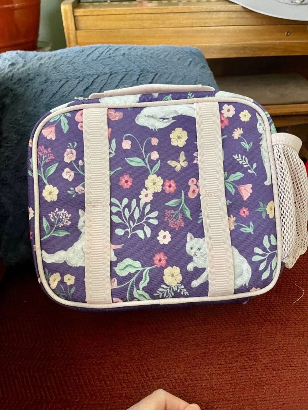 Pottery Barn Kids Cold Pack Lunch Box Kitty Floral Purple Pink Cats NWOT